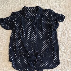 Ann Taylor Dark Blue Polka Dot Button-Down Shirt with Tie Front